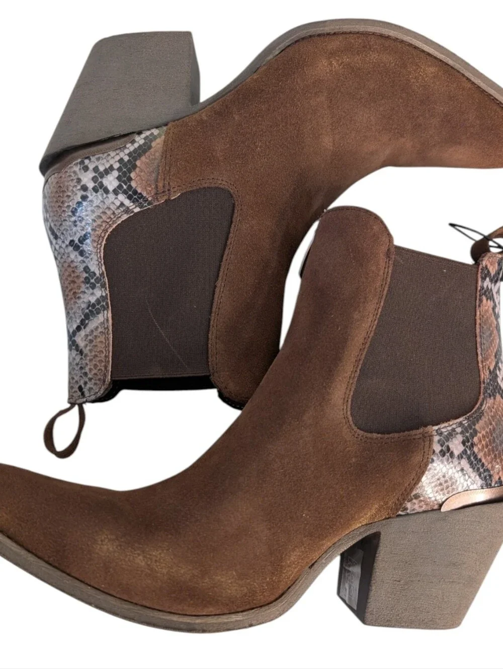 NEW ...Ariat Bradley Western Coffee Suede Boot Snake-Print Heel Accent..Size 9